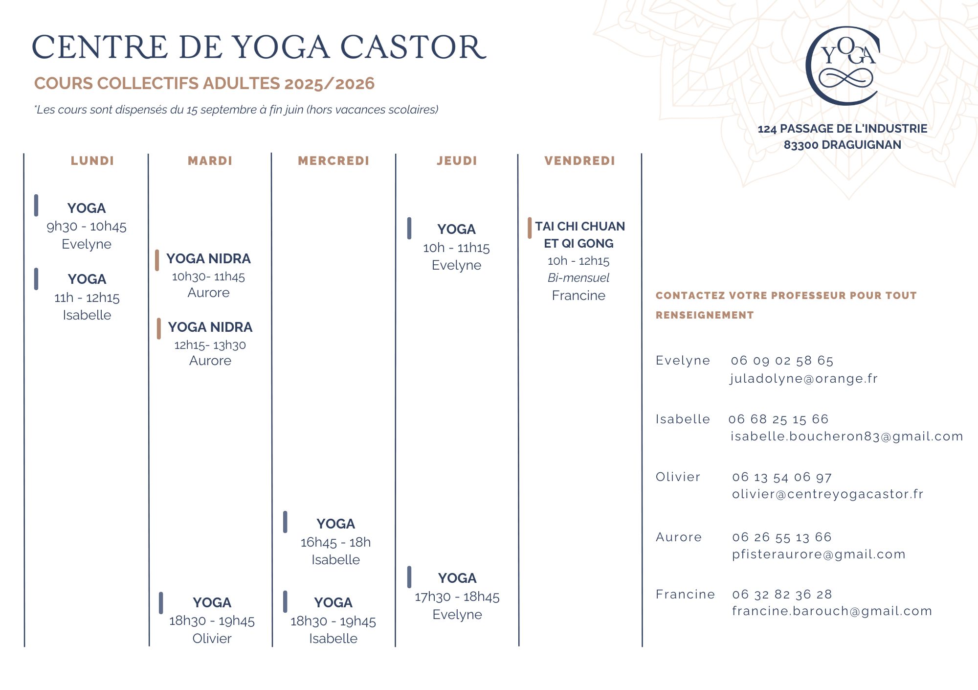 Planning cours collectifs yoga 2025 CYC Draguignan